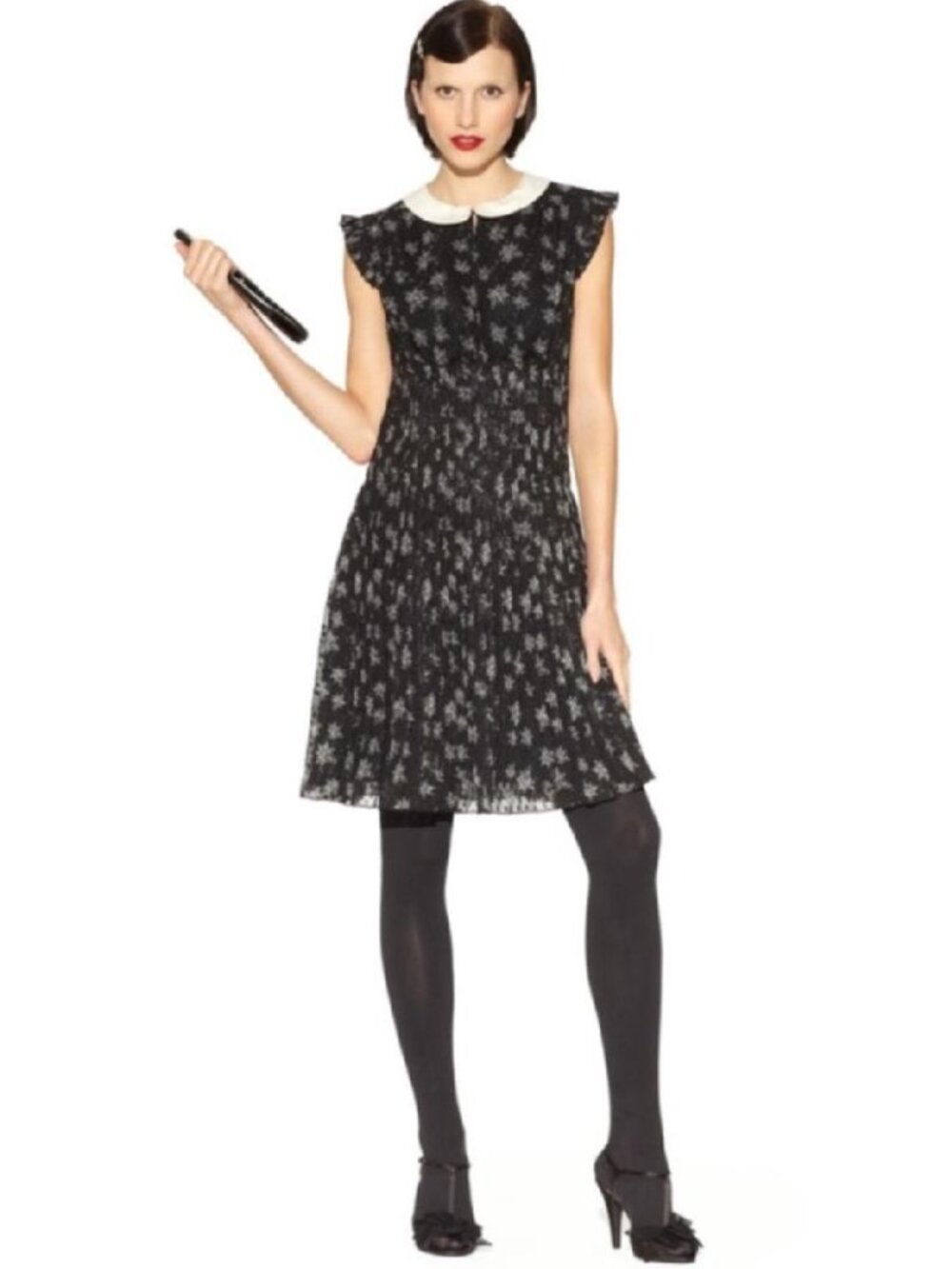 Kate Young Target Black Star Print Dress White Peter Pan Collar Pleated M